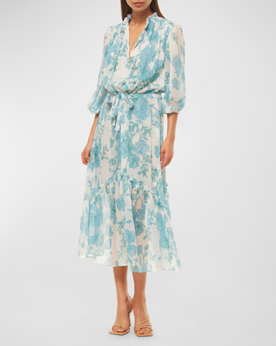 Shop Misa Olivia Blouson-sleeve Floral Chiffon Midi Dress In Turquoise Flora C