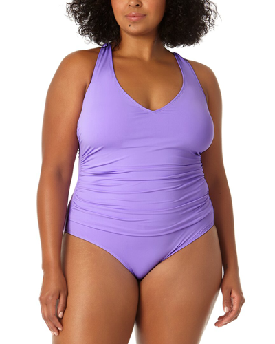 Shop Anne Cole V Neck Cross Back Shirred One-piece In Purple