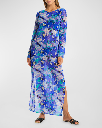Shop Sea Level Swim Cascade Mesh Long-sleeve Maxi Dress In Cobalt