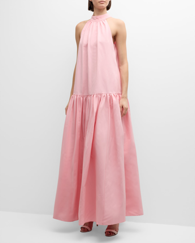 Shop Staud Marlowe Neck-tie Tiered Maxi Dress In Pearl Pink