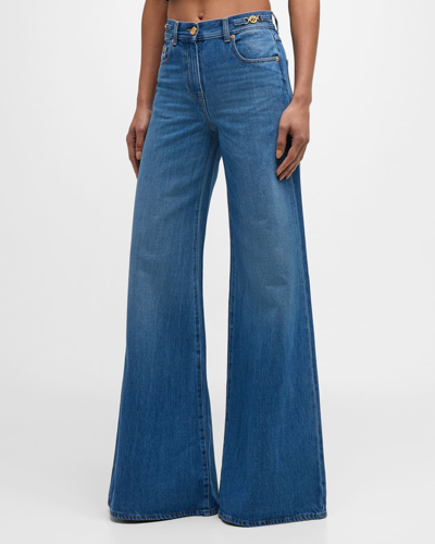Shop Versace Mid-rise Stone Wash Denim Wide-leg Pants In Medium Blue
