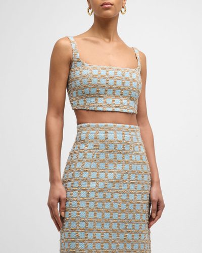 Shop Emilia Wickstead Lucilia Square-neck Sleeveless Check Tweed Crop Top In Beige And Blue