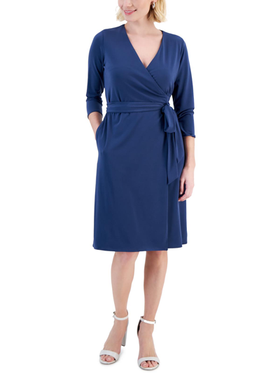 Shop Alfani Petites Womens Wrap Tie Front Wrap Dress In Blue