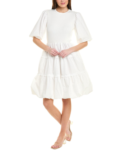Shop Gracia Spliced Gathered Puff Sleeve A-line Dress In White