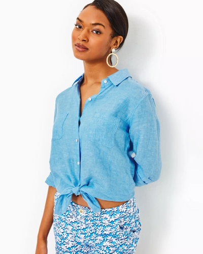 Lilly Pulitzer Sea View Linen Button Down Top In Beckon Blue X Sea Salt Blue