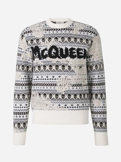 Shop Alexander Mcqueen Jacquard Logo Sweater In Ivory, Black And Crea