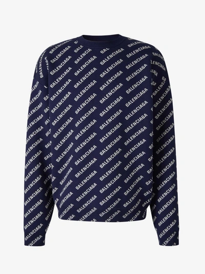 Shop Balenciaga All-over Logo Sweater In Blau Marí