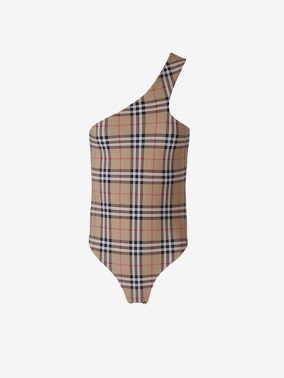 Shop Burberry Checked Motif Swimsuit In Camel, White, Black And Red
