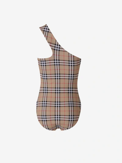 Shop Burberry Checked Motif Swimsuit In Camel, White, Black And Red