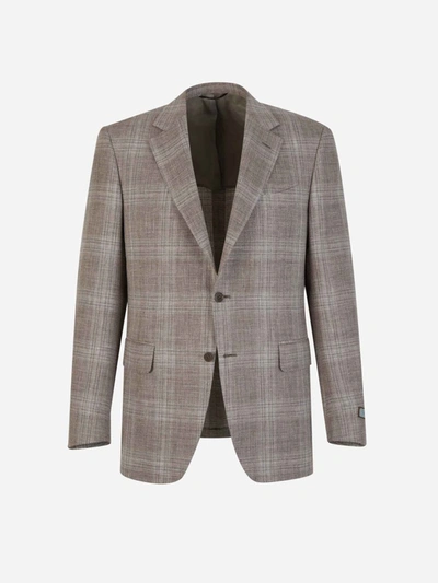 Shop Canali Checked Motif Blazer In Taupe