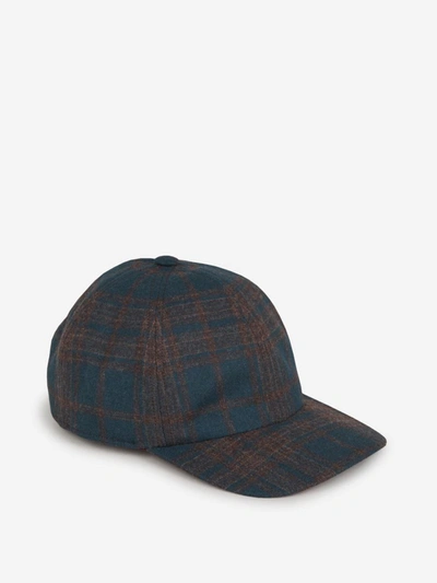Shop Isaia Checkered Wool Cap In Indigo Blue And Brown