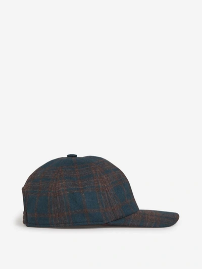 Shop Isaia Checkered Wool Cap In Indigo Blue And Brown
