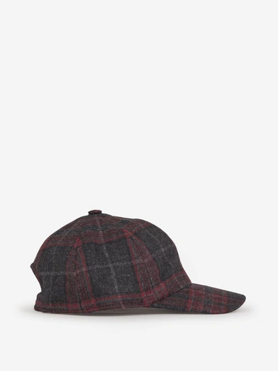 Shop Isaia Checkered Wool Cap In Dark Grey And Red