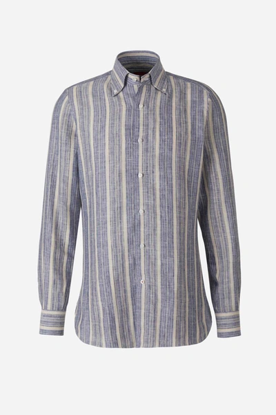 Shop Isaia Plain Linen Shirt In Blue And Ivory