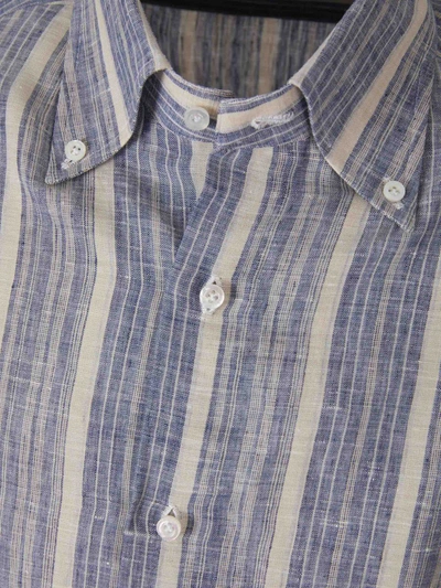 Shop Isaia Plain Linen Shirt In Blue And Ivory
