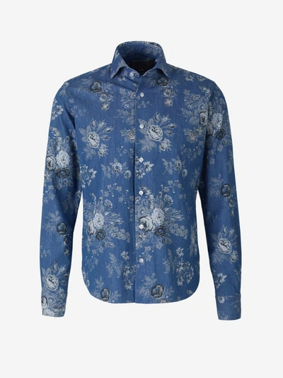Shop Orian Floral Denim Shirt In Denim Blue And White