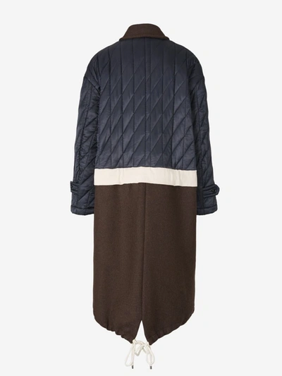 Shop Plan C Paneled Quilted Coat In Night Blue, Brown And White
