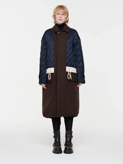 Shop Plan C Paneled Quilted Coat In Night Blue, Brown And White