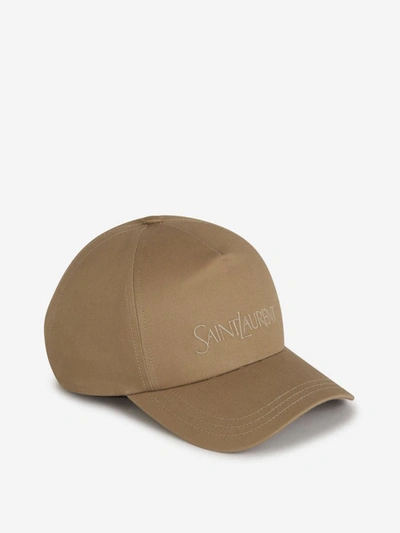 Shop Saint Laurent Embroidered Logo Cap In Taupe