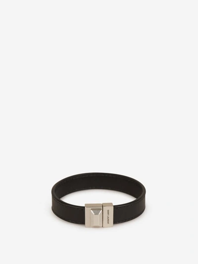 Shop Saint Laurent Logo Leather Bracelet In Contrast Piping