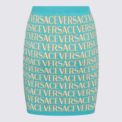 Shop Versace Turquoise, White And Gold-tone Cotton Blend Skirt In Turquoise/light Blue