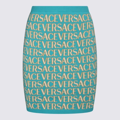 Shop Versace Turquoise, White And Gold-tone Cotton Blend Skirt In Turquoise/light Blue