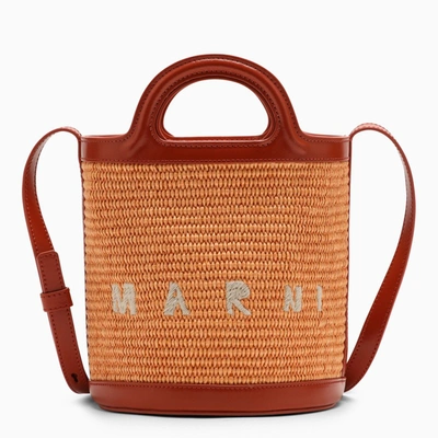 Shop Marni Tropicalia Beige Leather And Raffia Bucket Bag In Orange