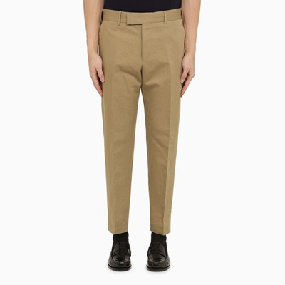 Shop Pt Torino Rope-coloured Slim Trousers In Cotton And Linen In Beige