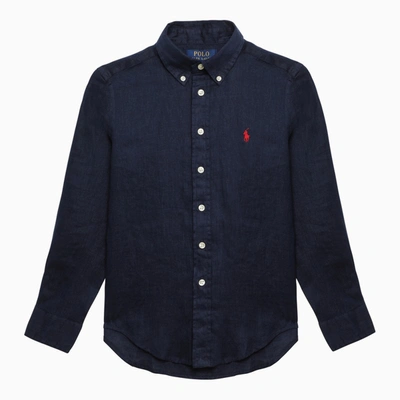 Shop Polo Ralph Lauren Navy Blue Linen Button-down Shirt