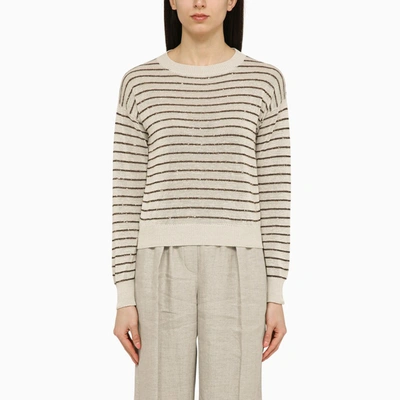 Shop Brunello Cucinelli | Oatmeal Striped Cotton Sweater In Beige