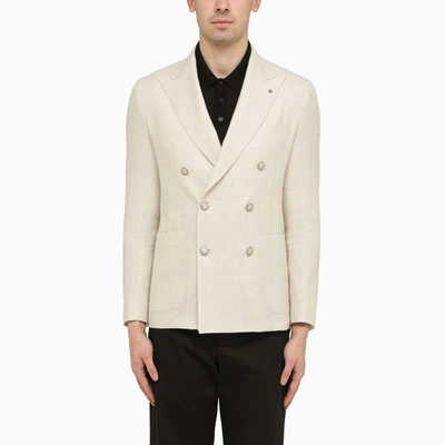 Shop Tagliatore Cream Double-breasted Jacket In Wool And Linen In White