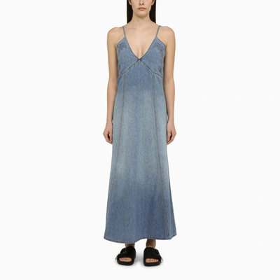 Shop Chloé Long Blue Denim And Linen Dress