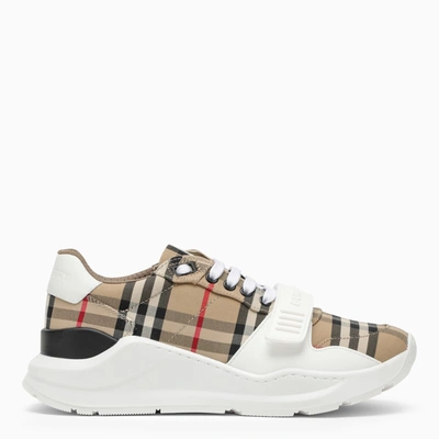 Shop Burberry Check Pattern Leather Sneaker In Beige