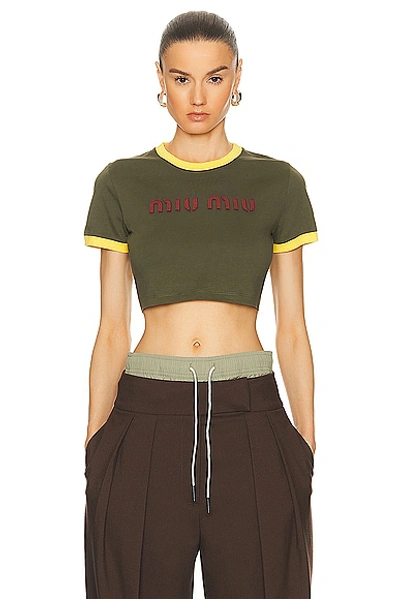 Shop Miu Miu Cropped Logo T-shirt In Militare & Giallo