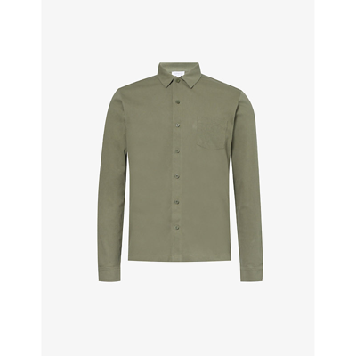 Shop Sunspel Men's Khaki24 Riviera Regular-fit Long-sleeve Cotton-knit Shirt