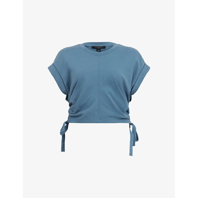 Shop Allsaints Womens Petrol Blue Mira Side-drawcord Cropped Organic-cotton T-shirt