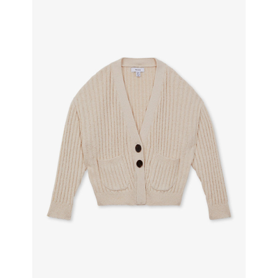 Shop Reiss Anabelle Patch-pocket Ribbed Stretch-knit Cardigan 4-9 Years In Ivory