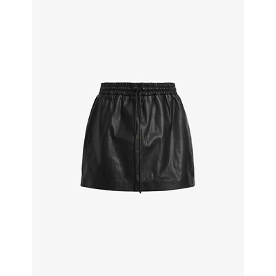 Shop Allsaints Women's Black Shana Drawstring-waist Leather Mini Skirt