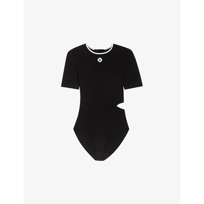 Shop Maje Women's Noir / Gris Logo-embroidered Cut-out Stretch-woven Bodysuit