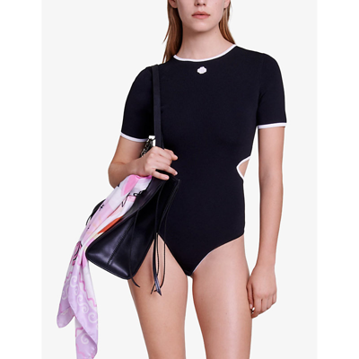 Maje Womens  Logo-embroidered Cut-out Stretch-woven Bodysuit In Noir / Gris