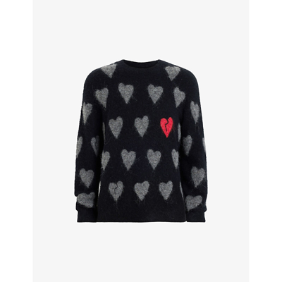 Shop Allsaints Men's Black/grey Amore Heart-motif Wool-blend Jumper