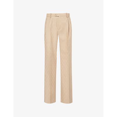 Shop Gucci Monogram-pattern Wide-leg High-rise Wool Trousers In Camel
