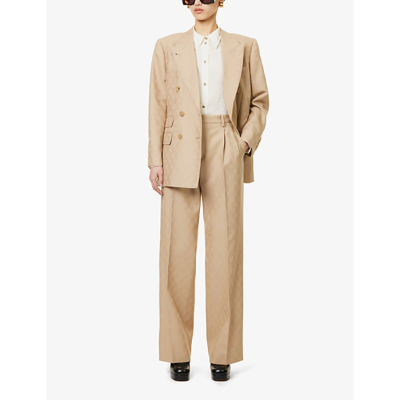 Shop Gucci Women's Camel Monogram-pattern Wide-leg High-rise Wool Trousers