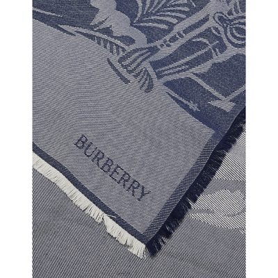 Shop Burberry Men's Indigo Equestrian Knight Design Jacquard-pattern Wool-blend Scarf