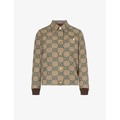 Shop Gucci Womens Beige Green Mc Monogram-pattern Collar Wool Jacket