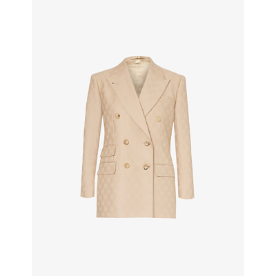 Shop Gucci Womens Camel Monogram-pattern Double-breasted Wool Jacket