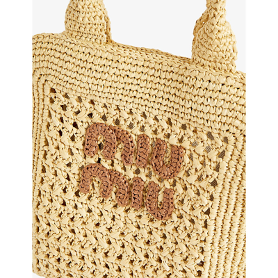 Miu Miu Rete Branded Raffia Top Handle Bag In Naturale/cognac