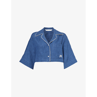 Shop Palm Angels Women's Blue Monogram Brand-embroidered Cropped Linen Shirt