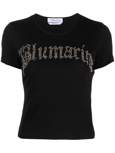 Shop Blumarine Rhinestone Logo Cotton T-shirt In Black