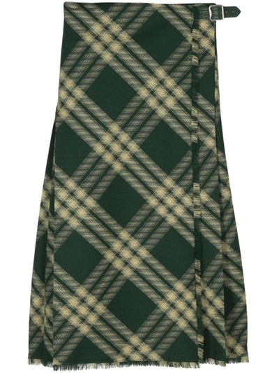 Shop Burberry Wool Midi Skirt In Green